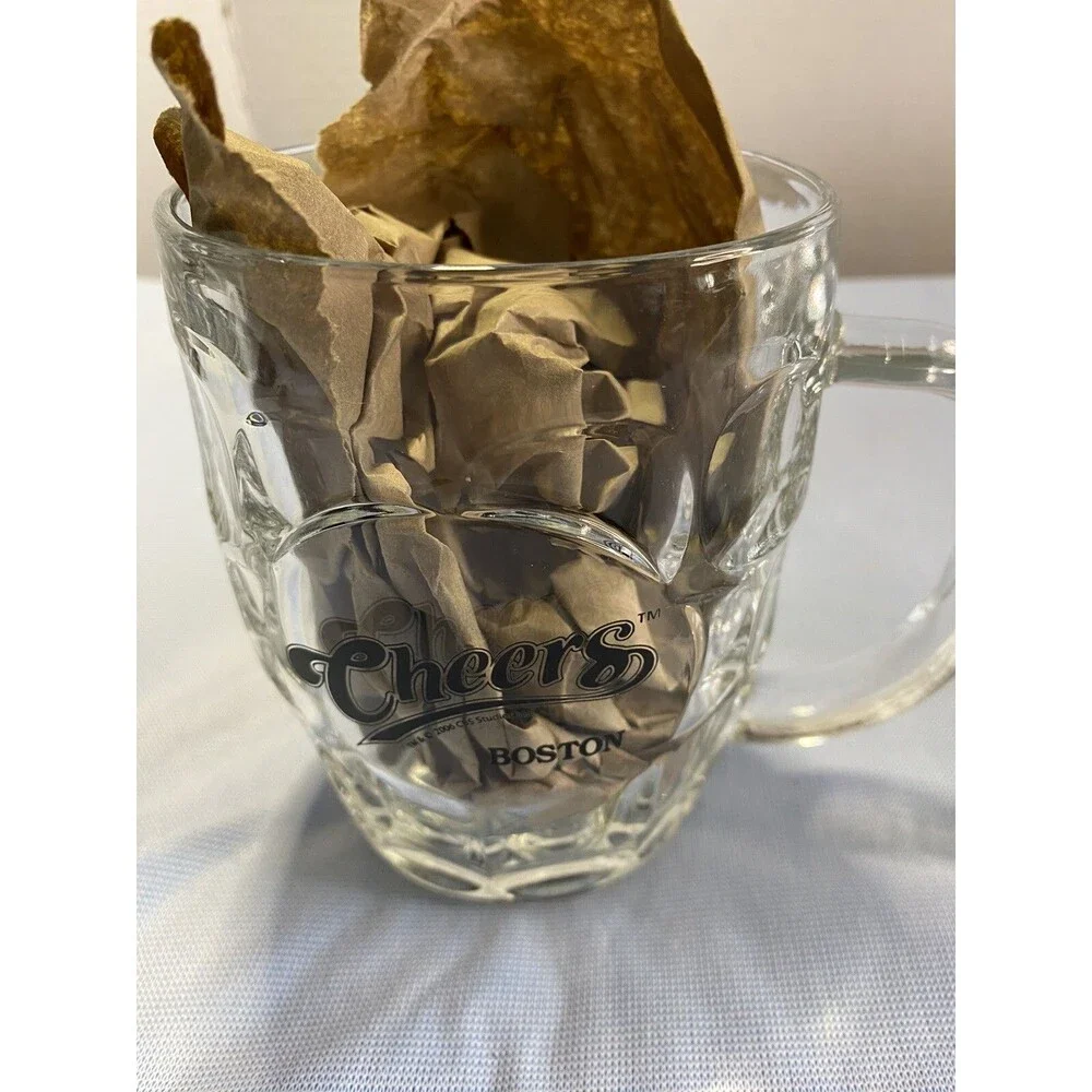 2 Cheers Boston CBS STUDIOS Glass Barrel Beer Glass Mugs Thumbprint Luminarc USA